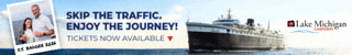 Mobile leaderboard display ad. The S.S. Badger at sea beside the line Skip the Traffic, Enjoy the Journey and Tickets Now Available.