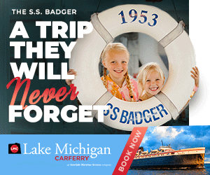 Medium rectangle display ad. Two children look through a 1953 S.S. Badger life ring, headlined A Trip They Will Never Forget, with a Book Now banner.