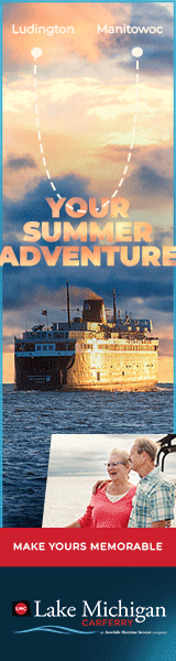 Skyscraper display ad. The S.S. Badger crossing at sunset between Ludington and Manitowoc, headlined Your Summer Adventure, with an older couple on deck and the line Make Yours Memorable.