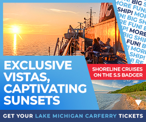 Medium rectangle display ad. Passengers watching the sunset from the deck of the S.S. Badger, headlined Exclusive Vistas, Captivating Sunsets, promoting shoreline cruises.